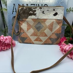 Myra Bag Aztec Cow print Crossbody Canvas Leather